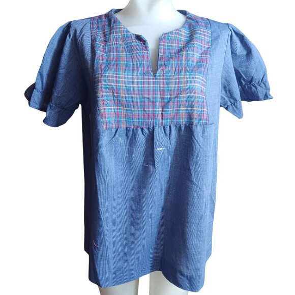 Medium Vintage 1970's Peasant Blouse Plaid Yoke Chambray Denim Tunic Puff Sleeve - Picture 2 of 5